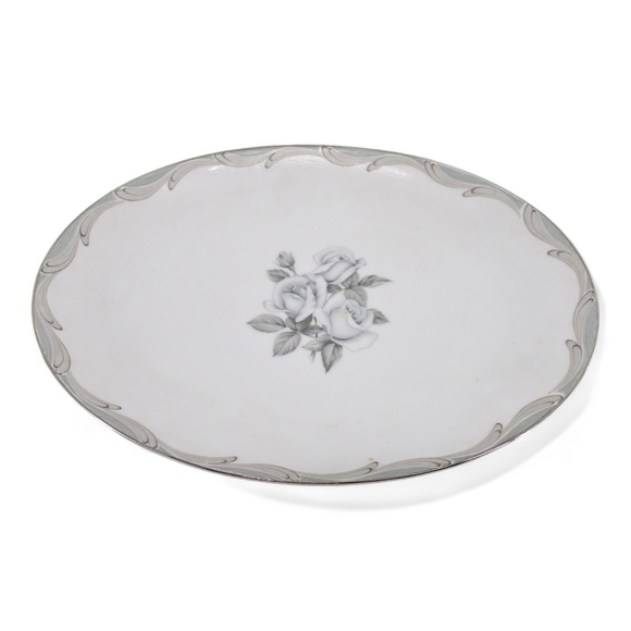 Vtg Japanese Broadway Rose Pattern Fine China Platter Silver Trim Grey on White - Picture 3 of 13